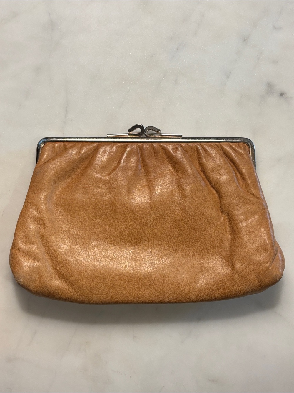 VINTAGE SABRINA Caramel Leather Pouch w/ Brass Snap Closure Lined Make Up Pouch